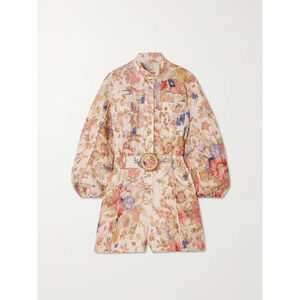 Zimmermann 'August' White Cotton Belted Floral-Print Linen Playsuit Size 1
